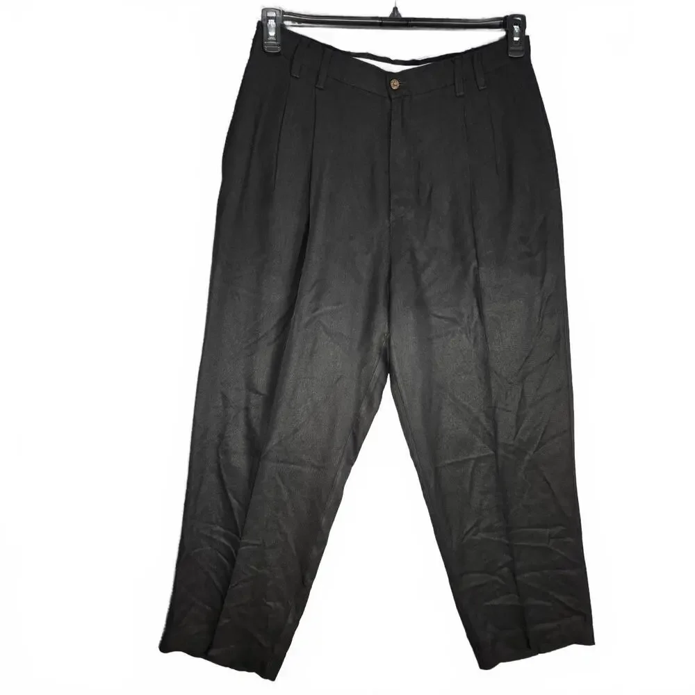 Tommy Bahama 100% Silk Pleated Dress Pants Men's 36 Black Luxury Relaxed Chino